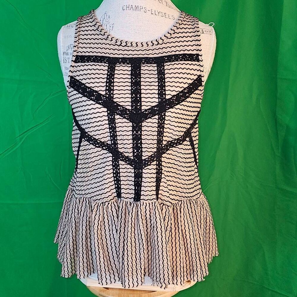 Free People‎ Womens Tan Black Lace Peplum Sleeveless Shirt Top Blouse Small